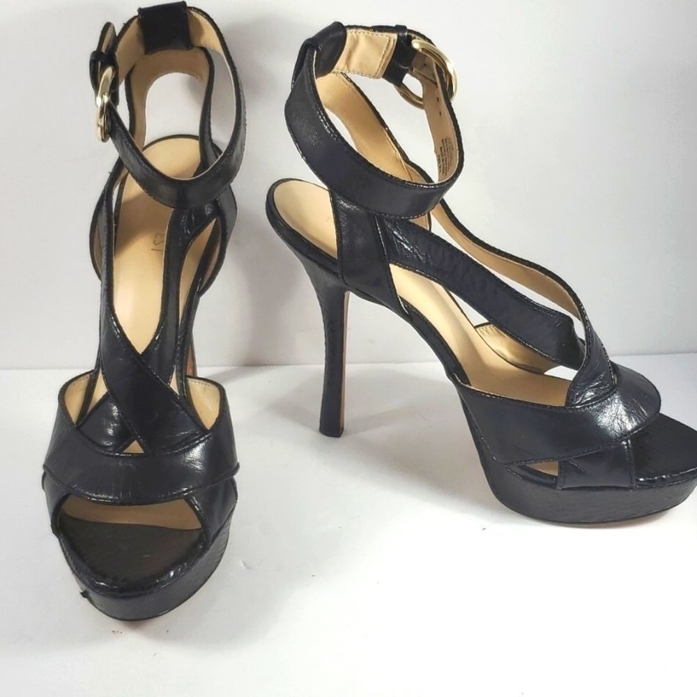 Nine West Womens Black‎ Strappy Platform Stiletto Sandals Gold Buckle Size 8.5